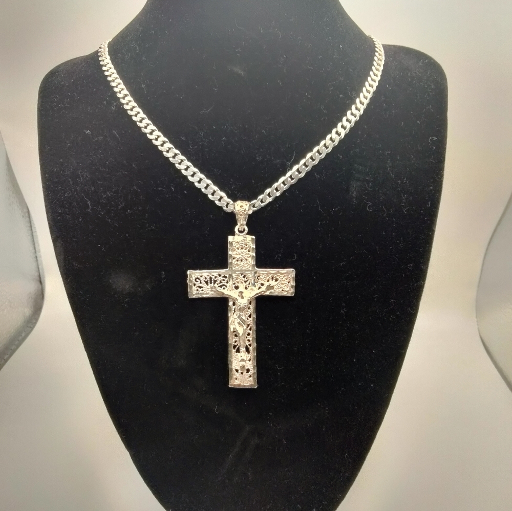 New Handmade Sterling Silver 925 Cuban Link Chain 25.5 inch 28.57g Taxco Cross